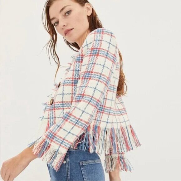 Veronica Beard Marlton Tweed Fringe Check Jacket Size 8 - Picture 3 of 12